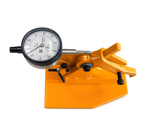 Yellow metal tool with a gauge on a white background